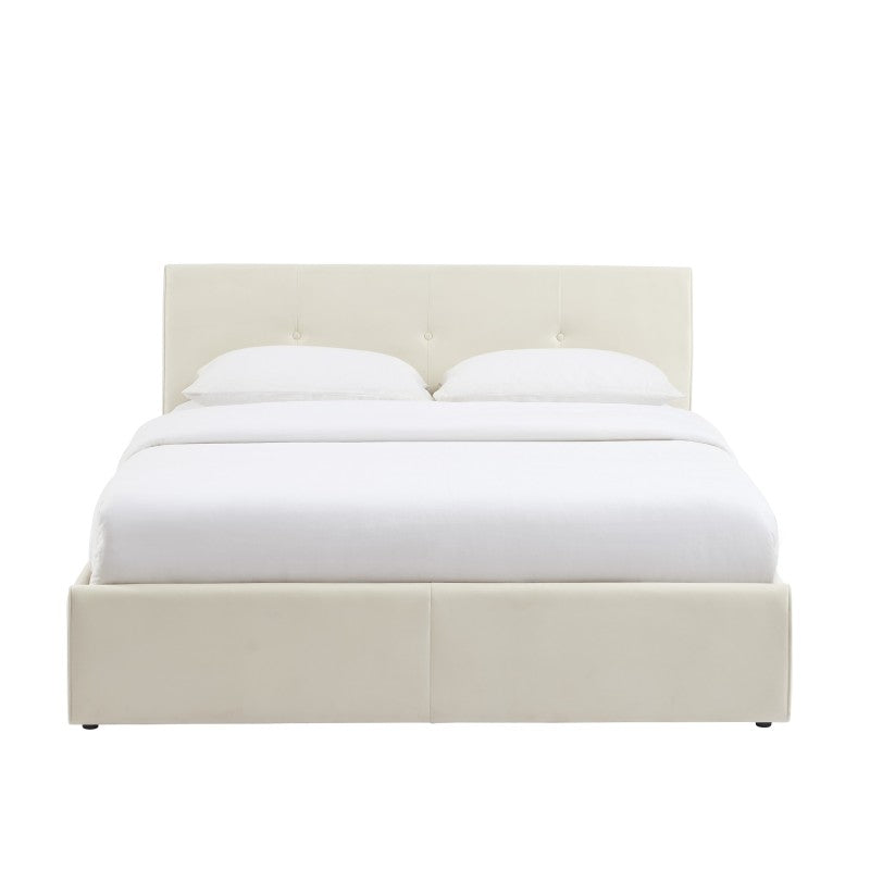 Lit coffre 160x200 en velours beige avec sommier, design raffiné pour chambre contemporaine
