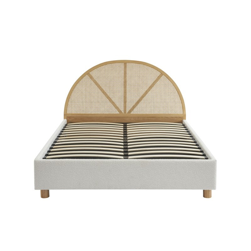 Lit coffre 160x200 tissu bouclette écru et cannage, sommier inclus, chambre moderne