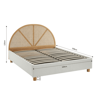 Lit coffre TSUKI bouclette écru et cannage sommier 160x200 inclus