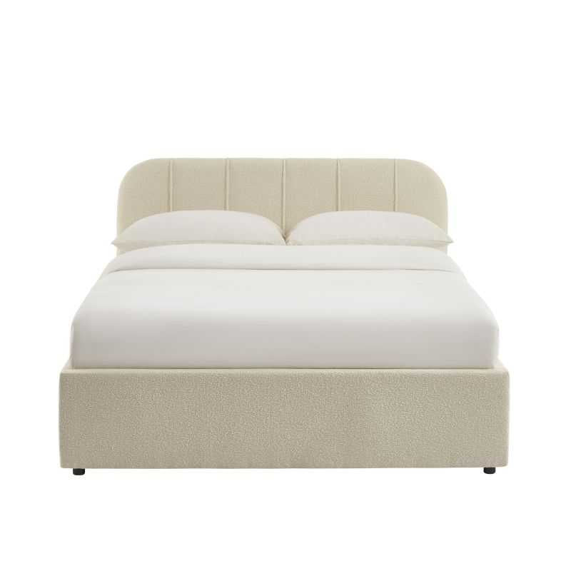 Lit coffre 140x190 tissu chenille beige, tête de lit capitonnée et sommier inclus