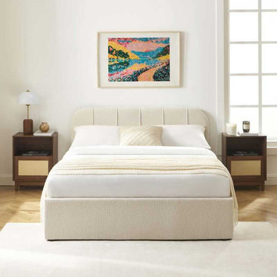 Lit coffre YUME tissu chenille beige 140x190 sommier inclus