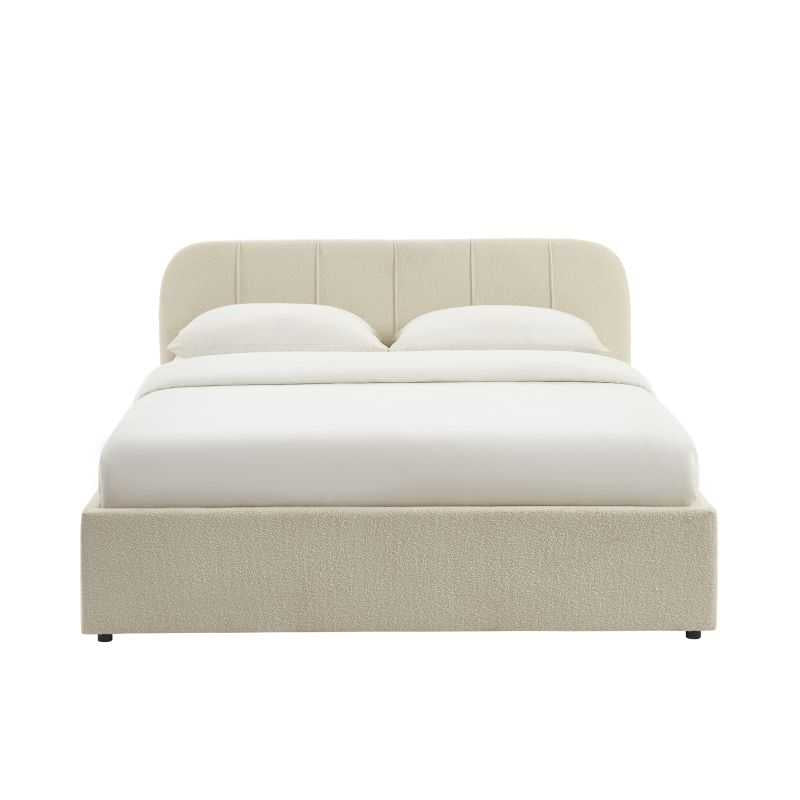 Lit coffre 160x200 tissu chenille beige, tête de lit capitonnée avec sommier inclus