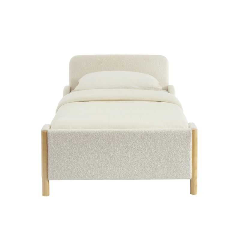 Lit enfant 90x190 tissu bouclette beige design arrondi, sommier inclus