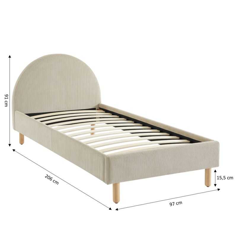 Lit enfant MAGNUS 90x190 velours côtelé beige sommier inclus