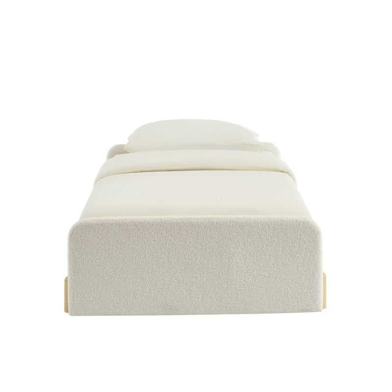 Lit enfant 90x190 tissu bouclette beige, sommier inclus, design bas et épuré