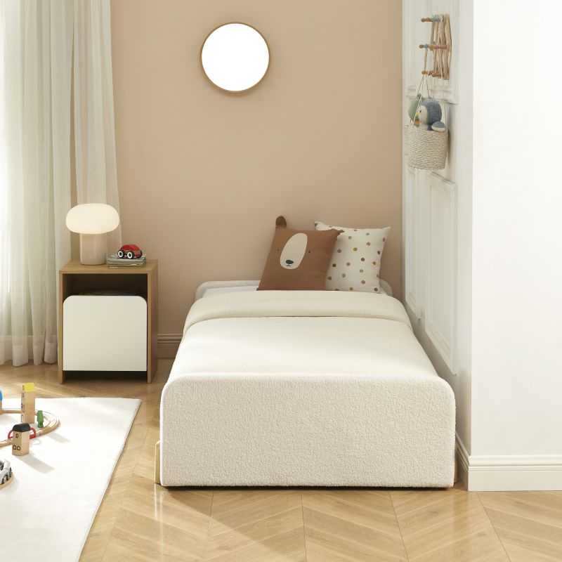 Lit enfant NUI tissu bouclette beige 90x190 sommier inclus