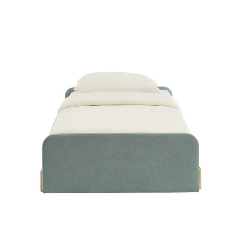 Lit enfant NUI 90x190 tissu vert avec sommier, design bas épuré pour chambre enfant