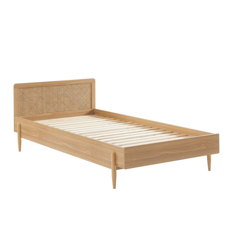 Lit enfant 90x190 cannage rotin et bois, sommier inclus, chambre enfant chaleureuse