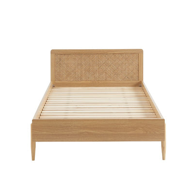 Lit enfant PABLO 90x190 cannage rotin et effet bois sommier inclus
