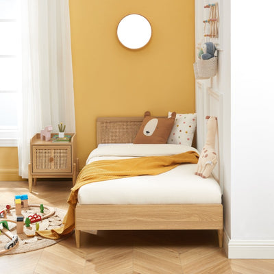 Lit enfant PABLO 90x190 cannage rotin et effet bois sommier inclus