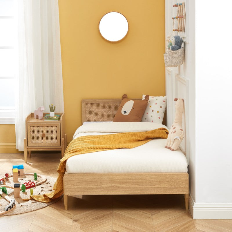 Lit enfant PABLO 90x190 cannage rotin et effet bois sommier inclus