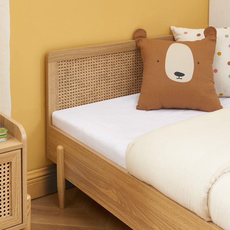 Lit enfant PABLO 90x190 cannage rotin et effet bois sommier inclus