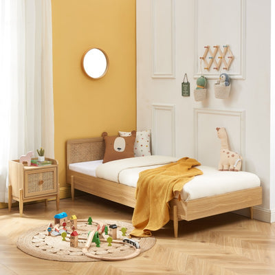 Lit enfant PABLO 90x190 cannage rotin et effet bois sommier inclus
