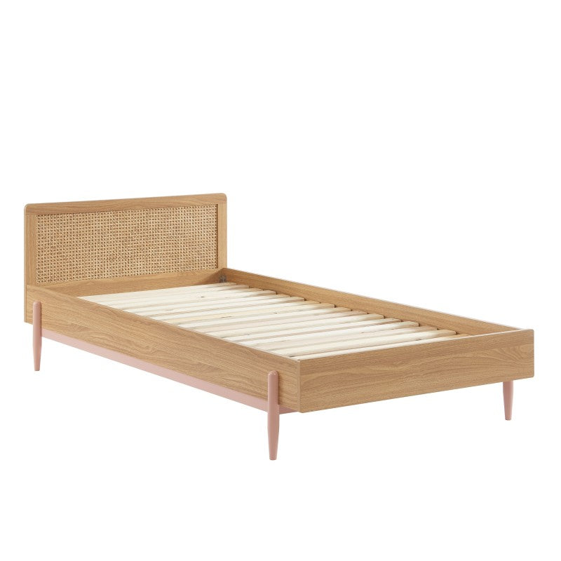 Lit enfant 90x190 rose avec tête de lit cannage rotin, sommier inclus