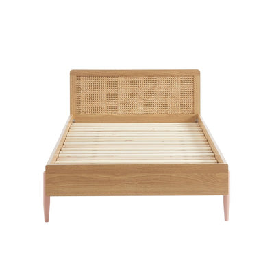 Lit enfant PABLO 90x190 rose et cannage rotin sommier inclus