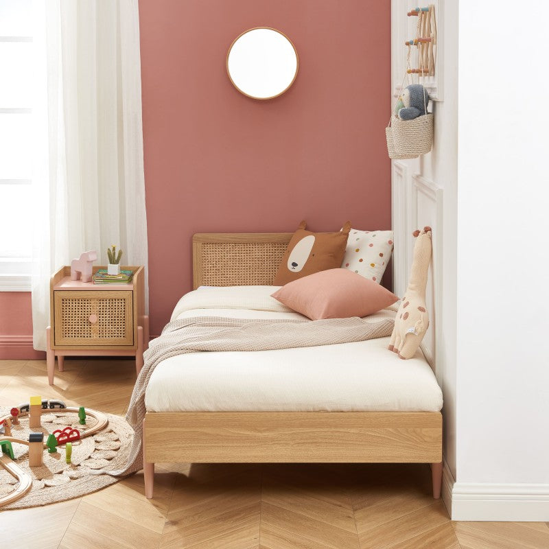 Lit enfant PABLO 90x190 rose et cannage rotin sommier inclus