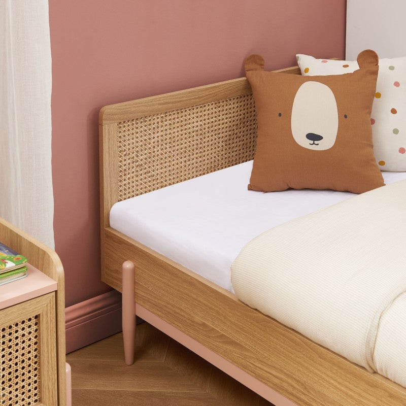 Lit enfant PABLO 90x190 rose et cannage rotin sommier inclus