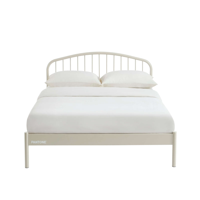 Lit métal 140x190 finition époxy mate beige sable, sommier inclus, design graphique contemporain