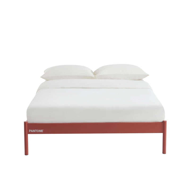 Lit métal minimaliste 140x190 coloris terracotta sans tête de lit, sommier inclus
