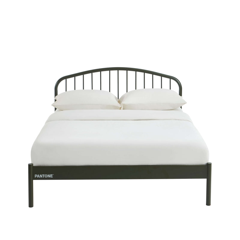 Lit métal vert olive 140x190 avec sommier inclus, structure époxy mate design graphique