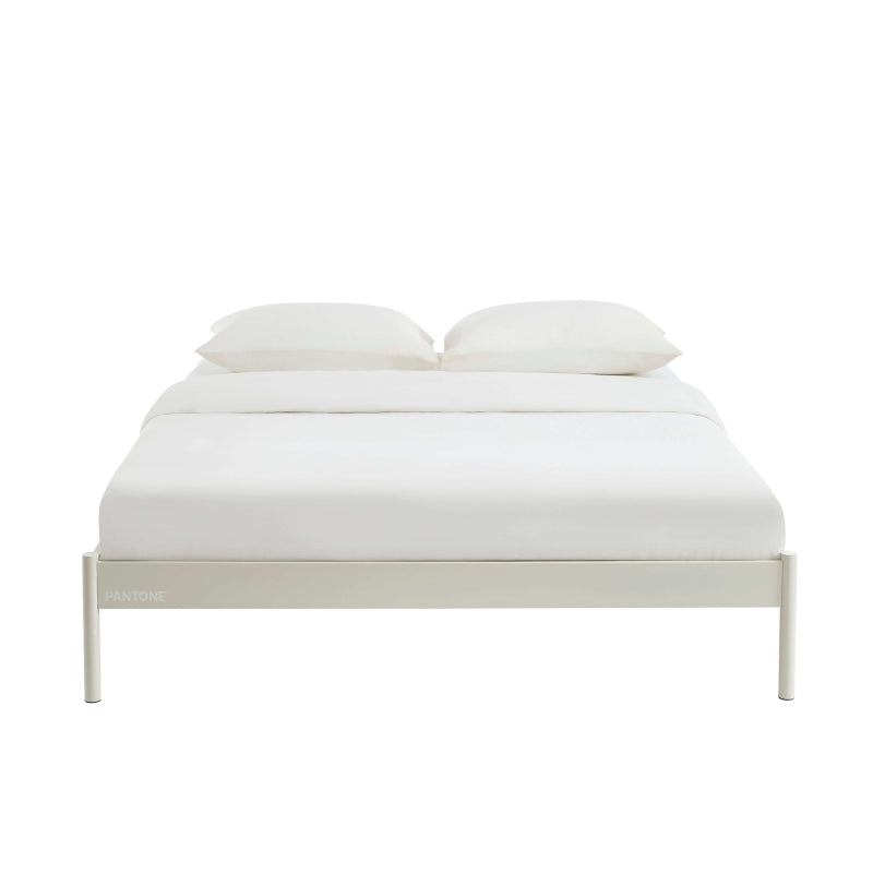 Lit métal beige sable 160x200 avec sommier, design minimaliste sans tête de lit