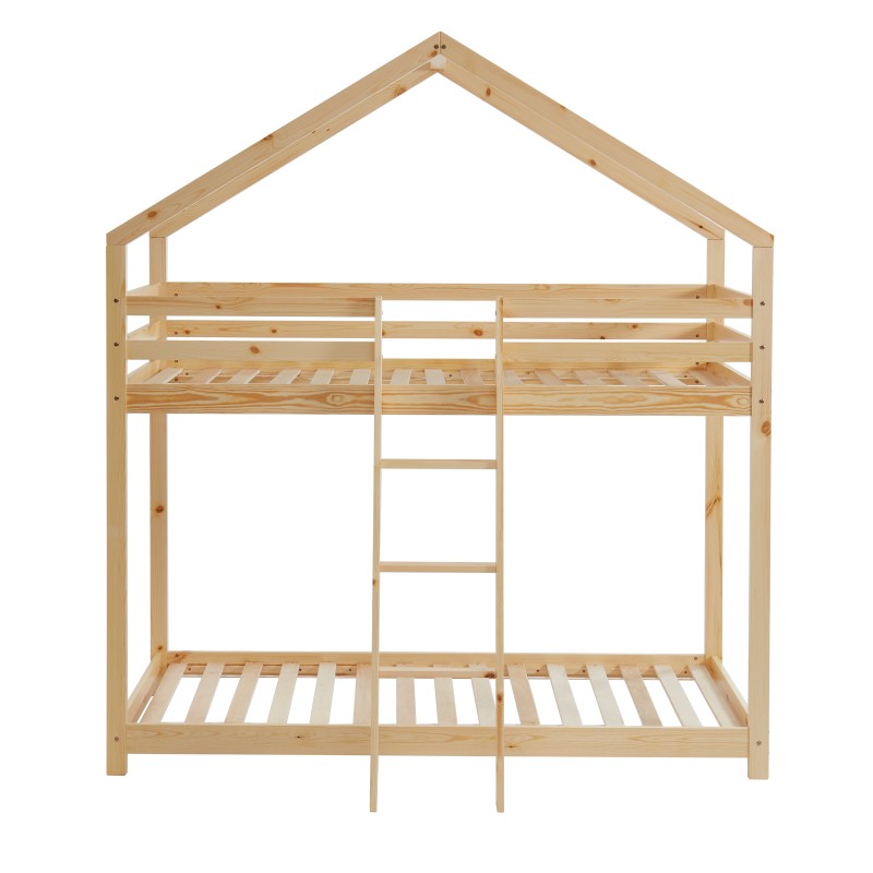 Lit superposé cabane enfant 90x190 en pin naturel, design cabane cosy et fonctionnel