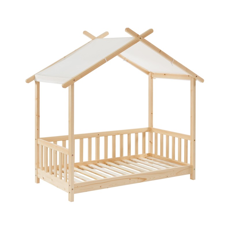 Lit tente enfant 70x140 pin massif avec barrières de sécurité, sommier inclus