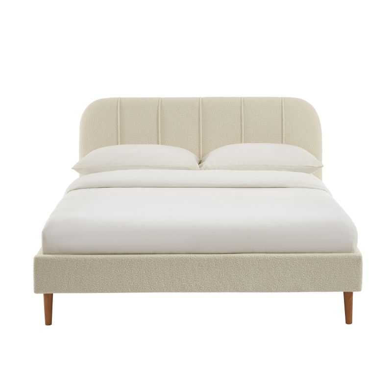 Lit tissu bouclette beige 140x190 avec sommier inclus, design cosy et moderne