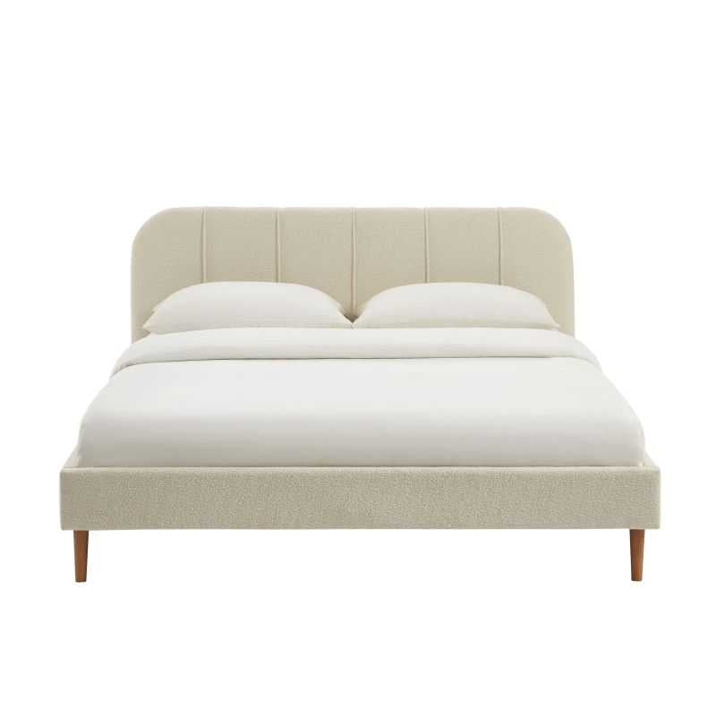 Lit tissu bouclette beige 160x200 avec sommier inclus, style cosy et moderne