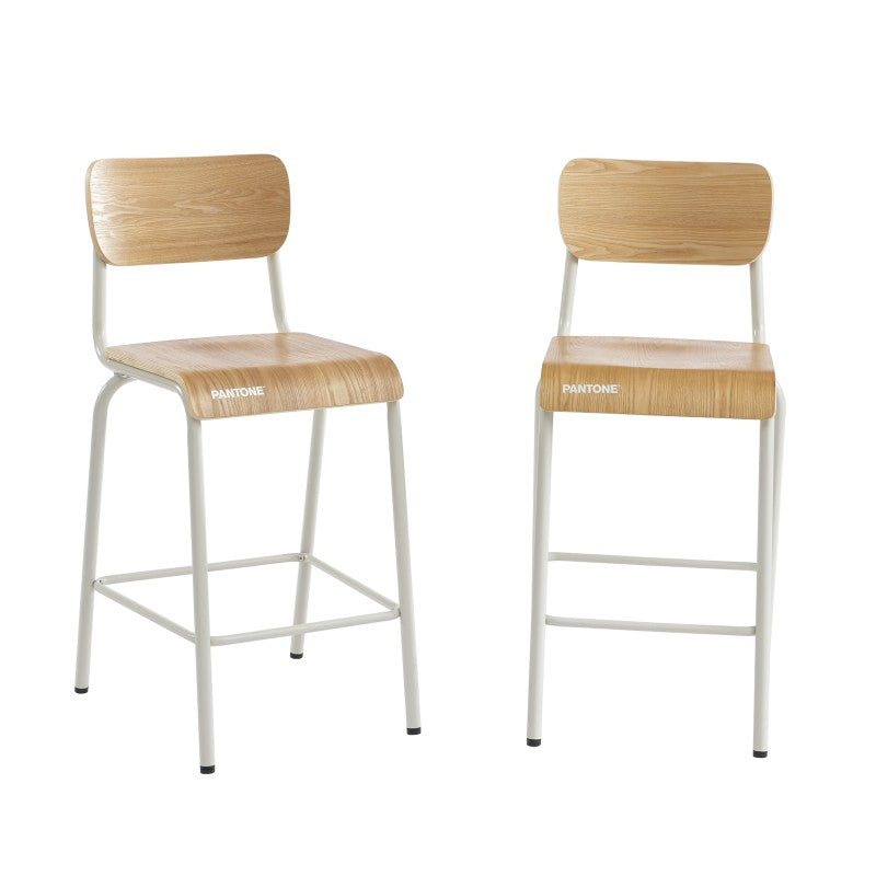 Lot de 2 chaises de bar vintage beige sable et placage frêne, pieds métal noir