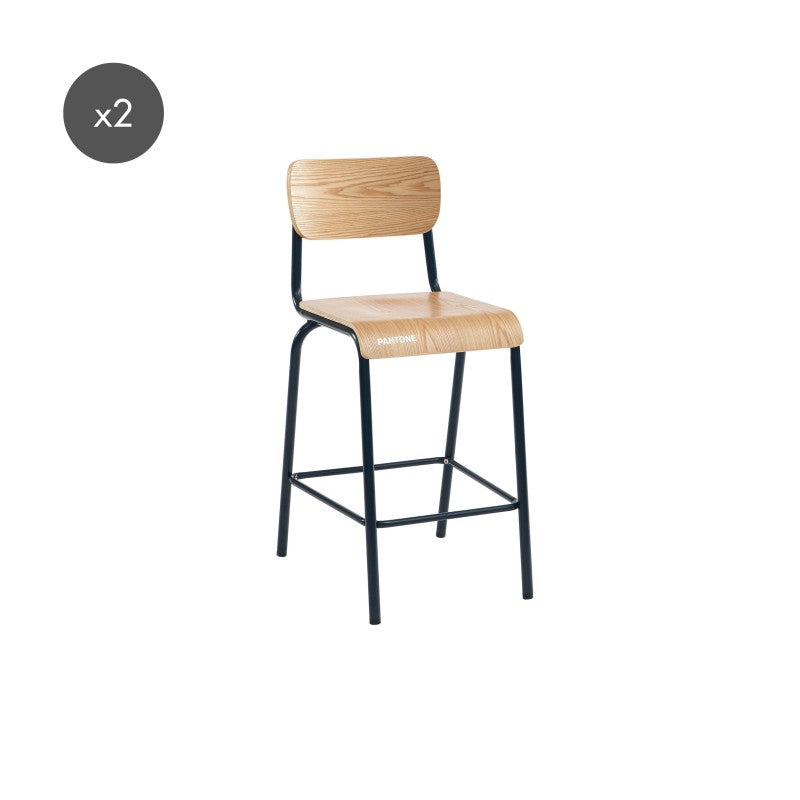 Lot de 2 chaises de bar Pantone bleu nuit placage frêne, pieds métal style vintage