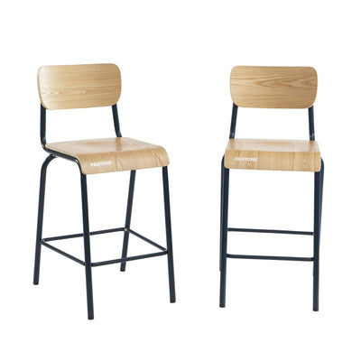 Lot de 2 chaises de bar PANTONE bleu nuit et placage frêne pieds métal