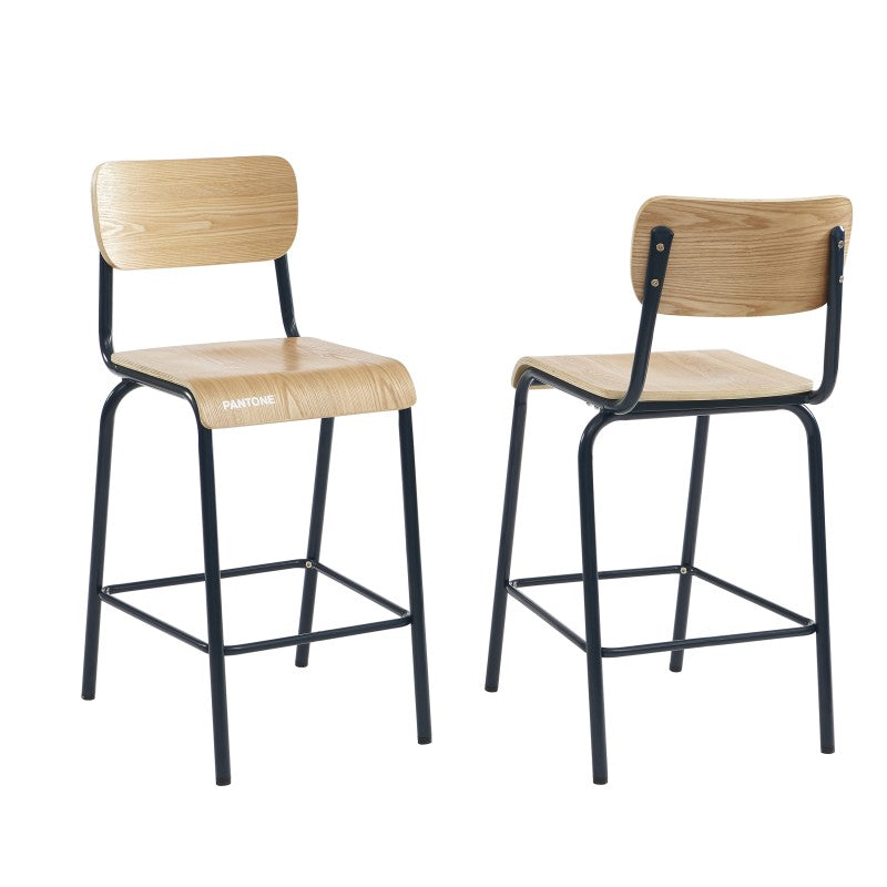 Lot de 2 chaises de bar PANTONE bleu nuit et placage frêne pieds métal