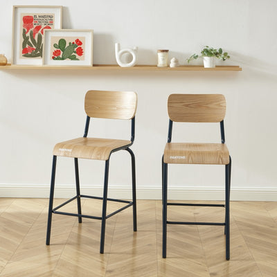 Lot de 2 chaises de bar PANTONE bleu nuit et placage frêne pieds métal