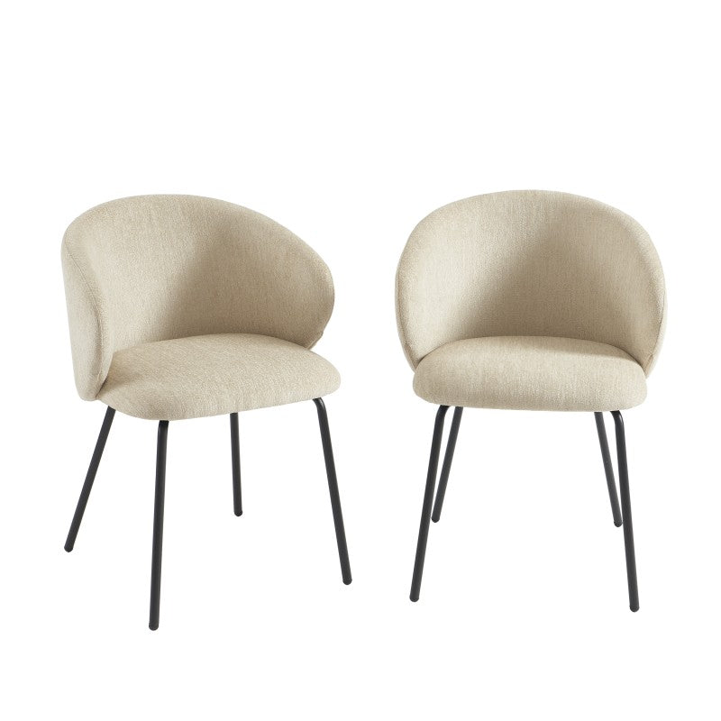 Lot de 2 chaises tissu chenille beige et pieds métal noir, style moderne élégant