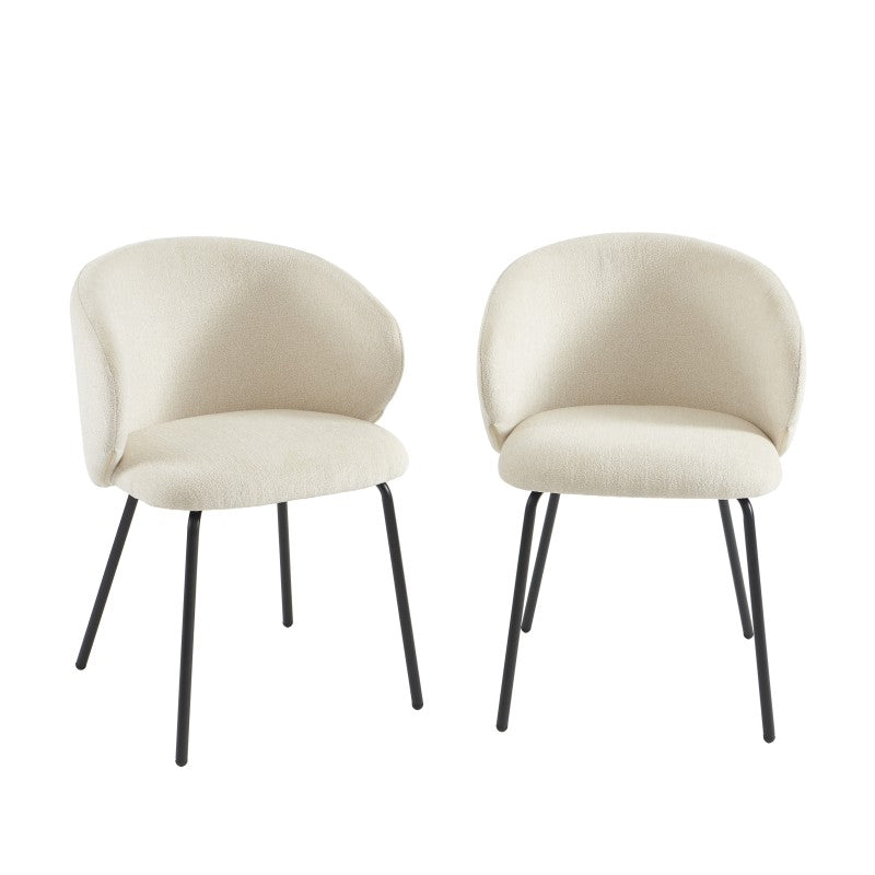 Lot de 2 chaises tissu chenille écru pieds métal noir, design moderne et élégant