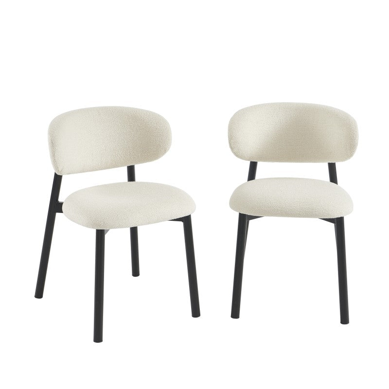 Lot de 2 chaises rembourrées bouclette blanche pieds métal noir, style contemporain