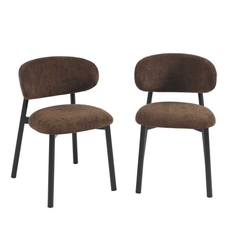 Lot de 2 chaises bouclette marron pieds métal noir, assise confortable pour cuisine moderne