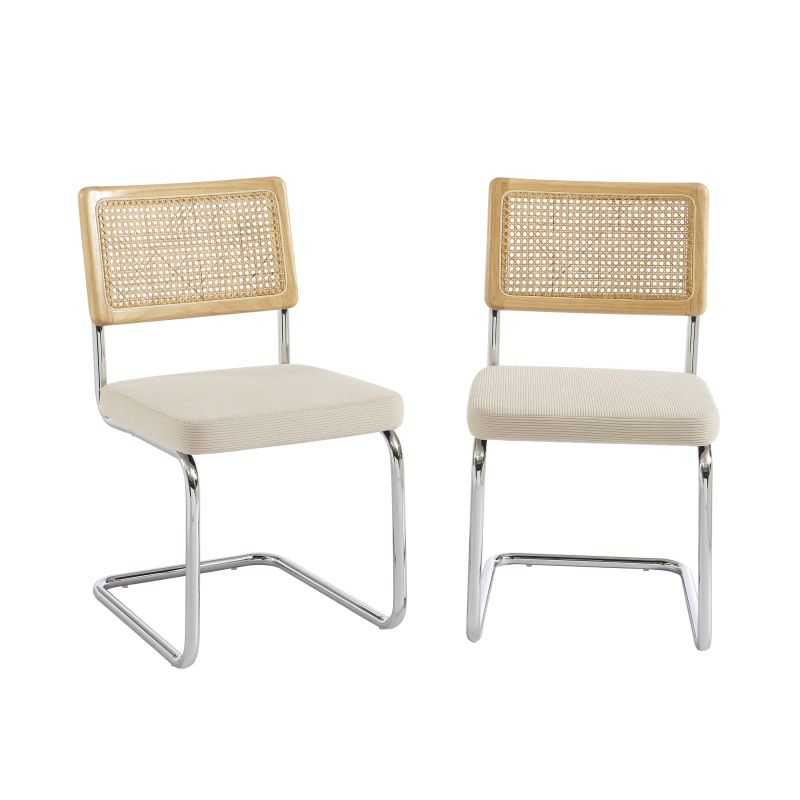 Lot de 2 chaises velours côtelé écru dossier cannage rond, pieds métal chromé