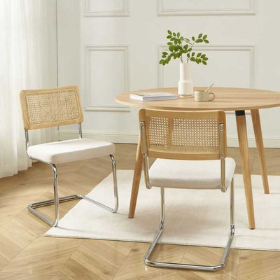 Lot de 2 chaises ELLA cannage et velours côtelé écru pieds métal chromé