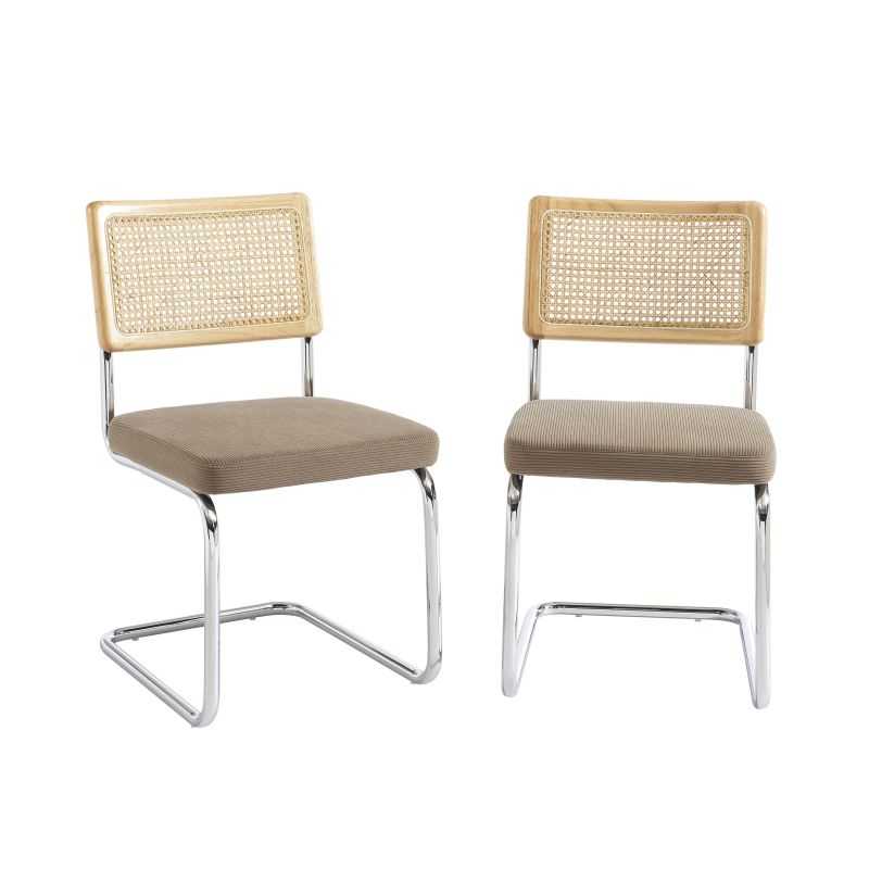 Lot de 2 chaises velours côtelé grège et cannage, pieds métal chromé, style vintage contemporain
