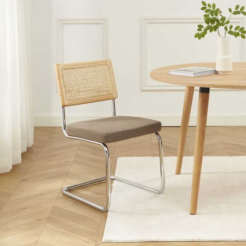 Lot de 2 chaises ELLA cannage et velours côtelé grège pieds métal chromé