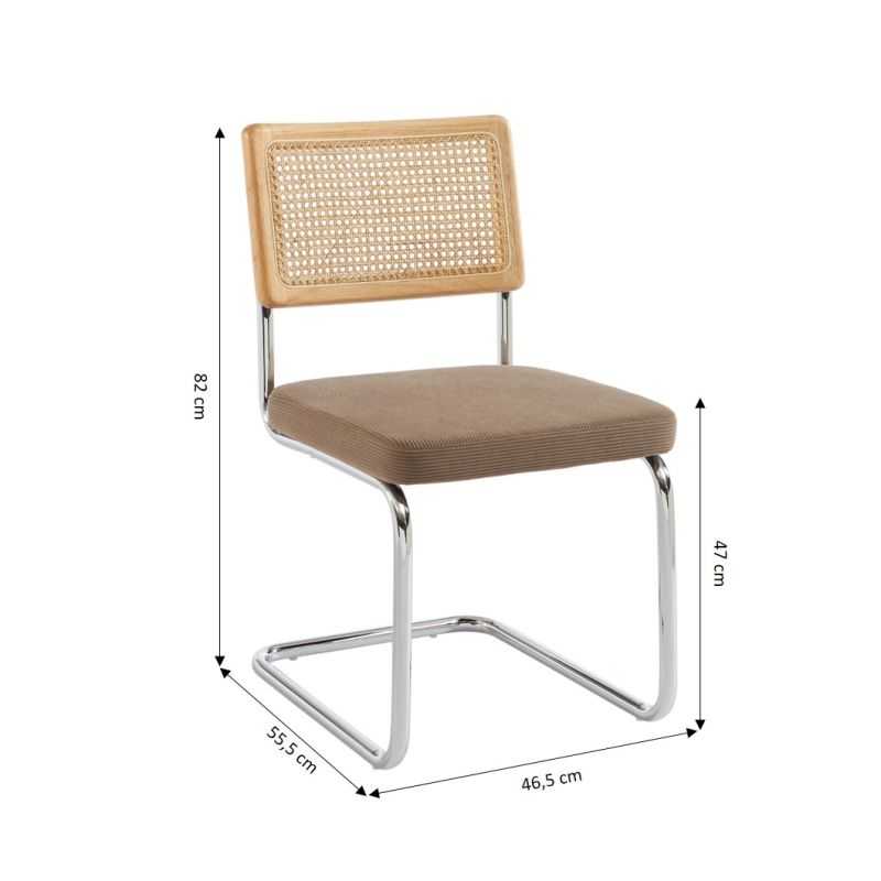 Lot de 2 chaises ELLA cannage et velours côtelé grège pieds métal chromé