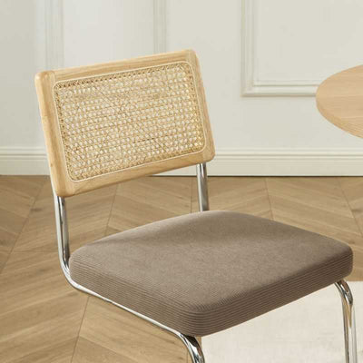 Lot de 2 chaises ELLA cannage et velours côtelé grège pieds métal chromé