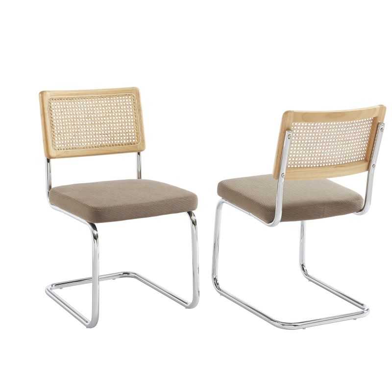 Lot de 2 chaises ELLA cannage et velours côtelé grège pieds métal chromé
