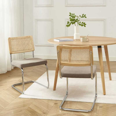 Lot de 2 chaises ELLA cannage et velours côtelé grège pieds métal chromé
