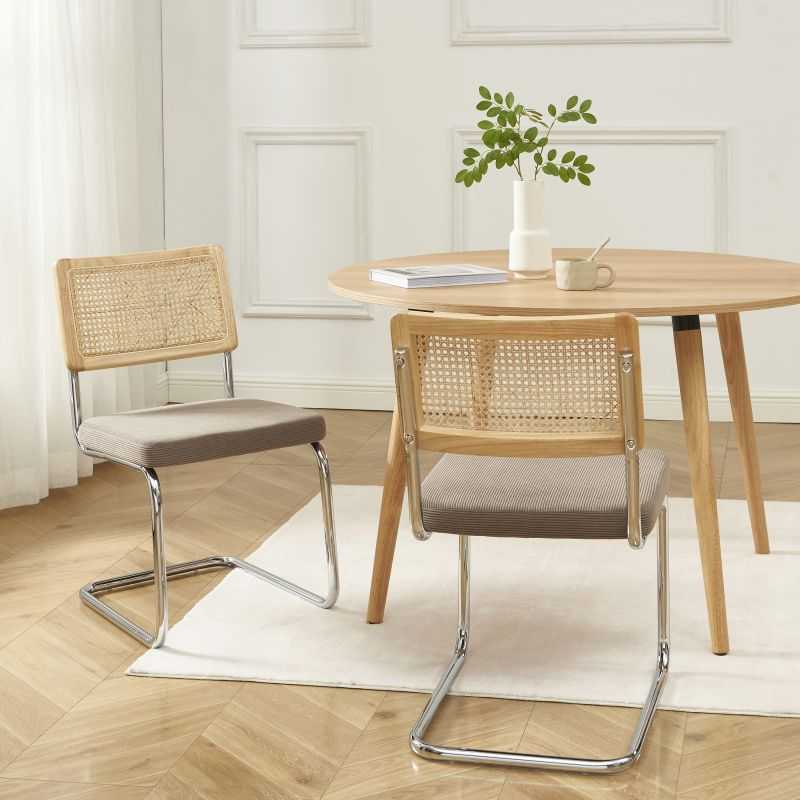 Lot de 2 chaises ELLA cannage et velours côtelé grège pieds métal chromé