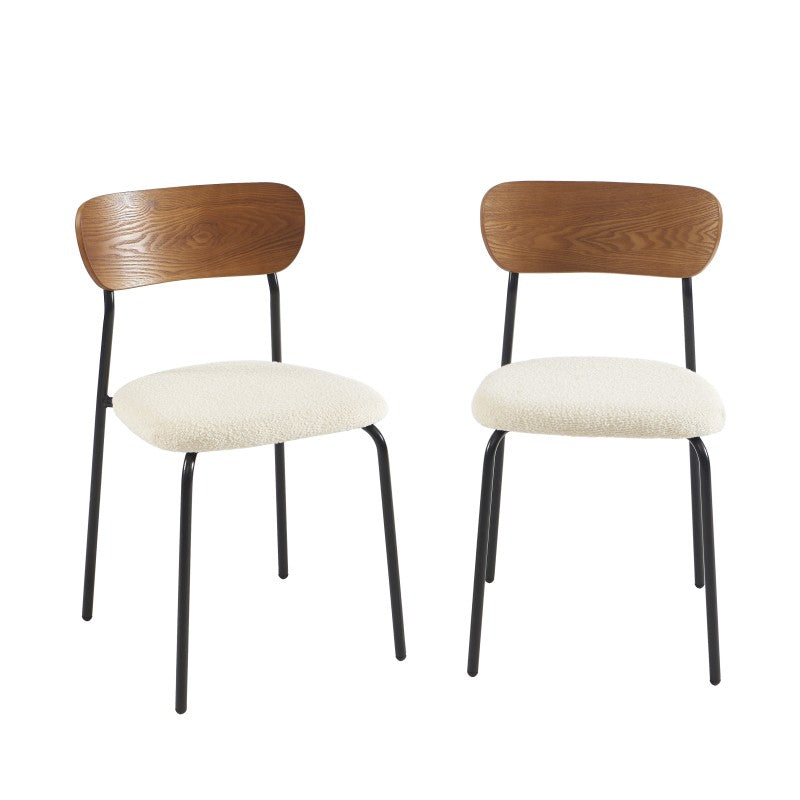 Lot de 2 chaises tissu bouclette écru, dossier placage frêne et pieds métal noir
