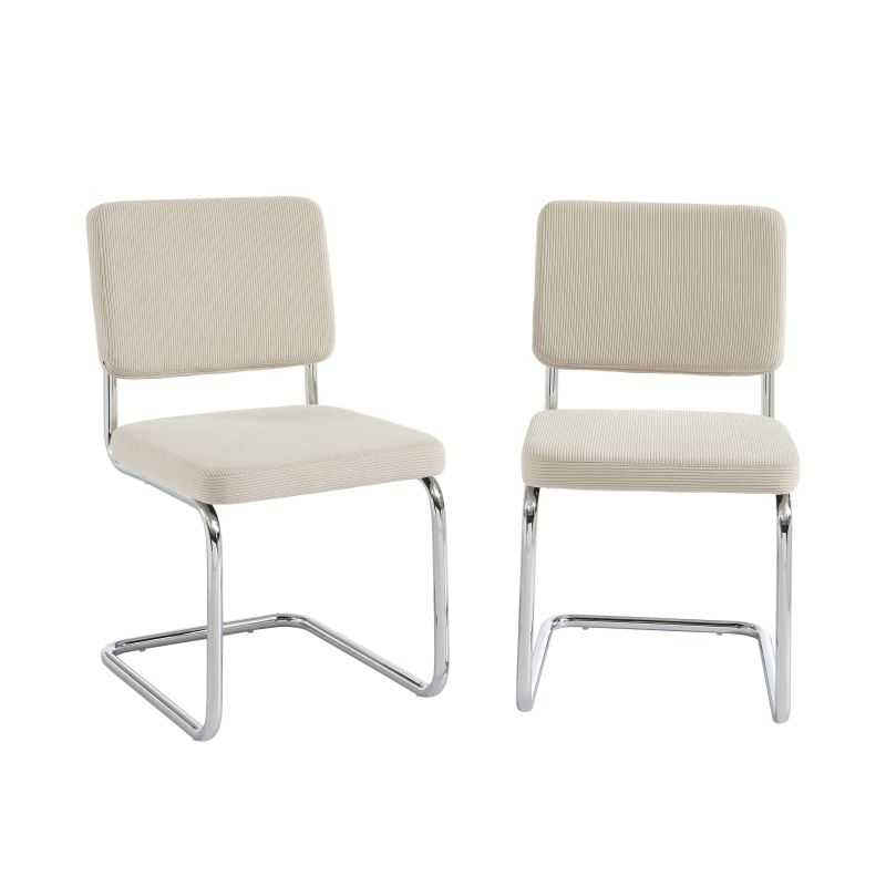 Lot de 2 chaises velours côtelé écru, pieds métal chromé, assise rembourrée confort