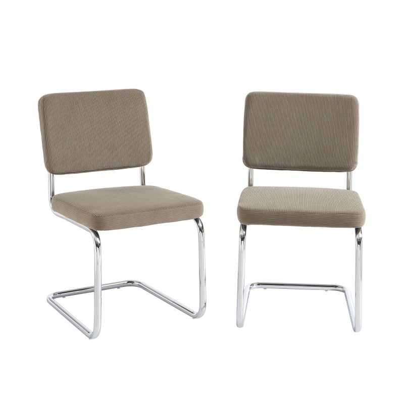 Lot de 2 chaises velours côtelé grège pieds métal chromés, assise rembourrée confort
